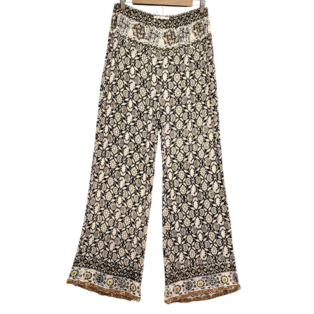 RD Style Boho Beachy Festival Vacation M Wide Leg Palazzo Pants Floral Black